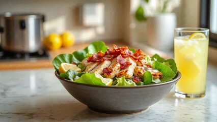 Homemade Caesar salad with grilled chicken and crispy bacon alongside refreshing lemonade in a bright kitchen