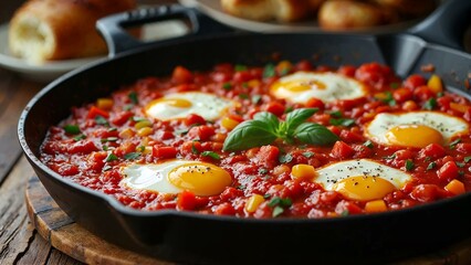 Fototapeta premium Delicious shakshuka with vibrant tomato sauce, bell peppers, and poached eggs for a cozy brunch gathering