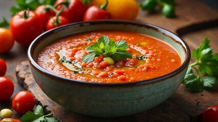 Vibrant bowl of gazpacho served with fresh herbs and colorful vegetables