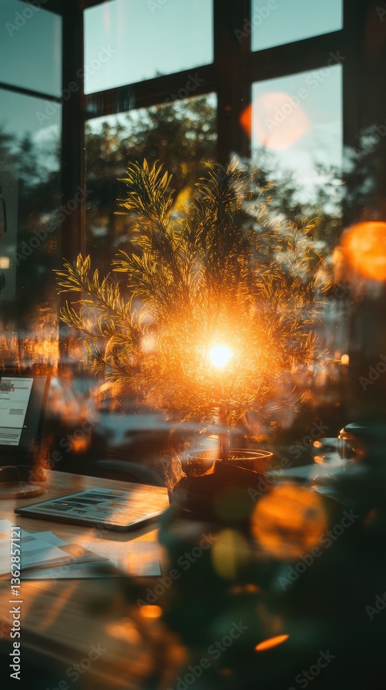 Poster golden hour productivity immersive workspace design showcasing soft natural light, dynamic collabora