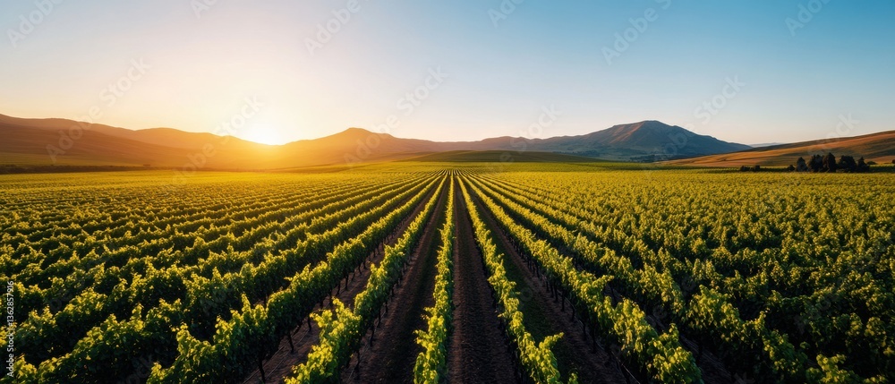 Poster precision agritech visualization golden sunset illuminating sustainable vineyard rows with cutting-e