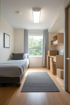 Modern student dorm room featuring minimalist design and natural light in daytime