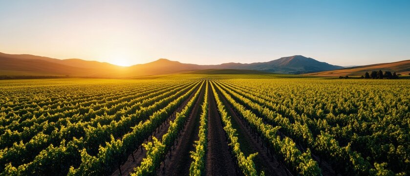 Precision AgriTech Visualization Golden Sunset Illuminating Sustainable Vineyard Rows with Cutting-Edge Precision Farming Innovation and Regenerative Landscape Design - Powered by Adobe
