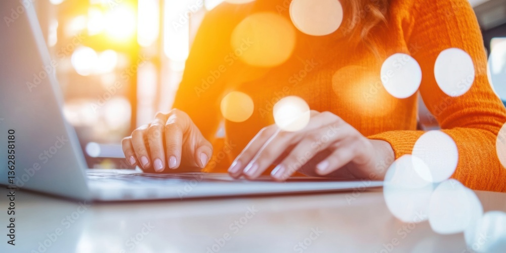 Poster Vibrant Digital Workflow Immersive Tech Productivity in Warm Orange Tones - Next-Gen Remote Work Aesthetic with Innovative Ergonomic Connectivity