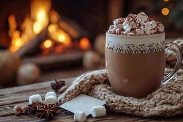 
Invitation by the fireplace: a postcard on a wooden table, cocoa with marshmallows nearby.

