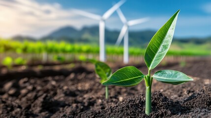 Renewable energy energy grid policy future New plants grow near wind turbines in a sustainable landscape.