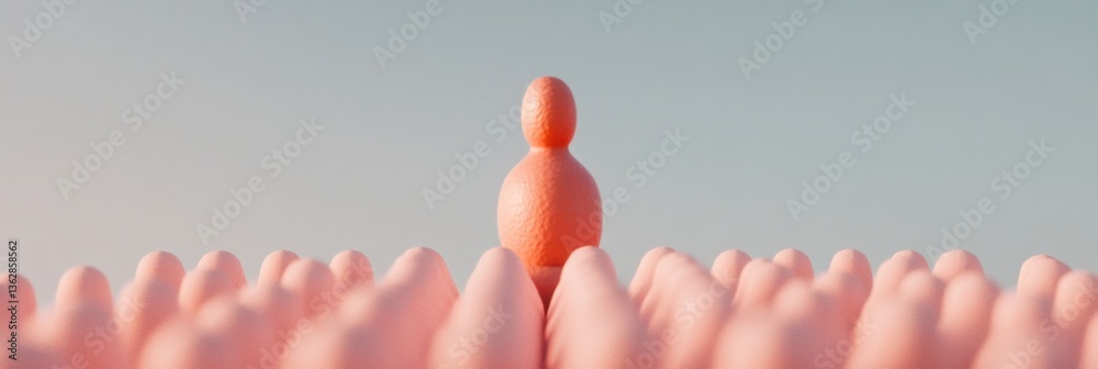 Poster minimalist leadership visualization soft pastel of elevated persona emerging from collective crowd -