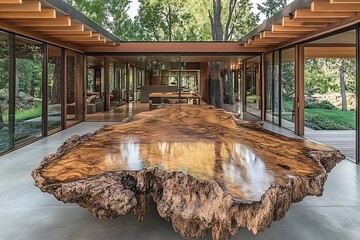 A large unique wooden table sits in a modern open concept home
