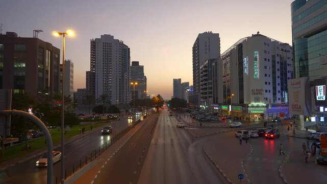 twilight time dubai city deira district traffic street bridge top pov panorama 4k uae 
