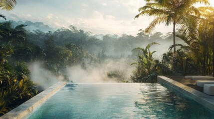 beautiful natural pool with mist in the middle of the forest