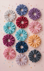 Variety of hair scrunchies featuring unique colors and textures are arranged on a pastel background. This collection showcases different styles suitable for diverse hairstyles and occasions