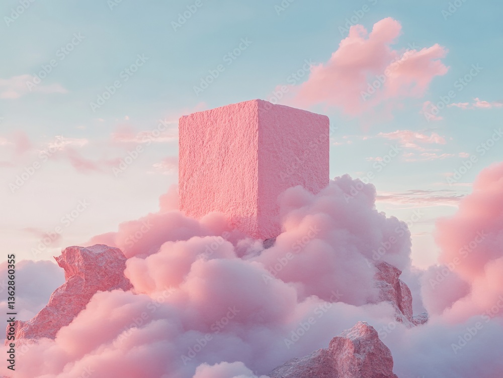 Poster ethereal digital dreamscape soft pink cubic form emerging from pastel cloud landscapes - surreal exp