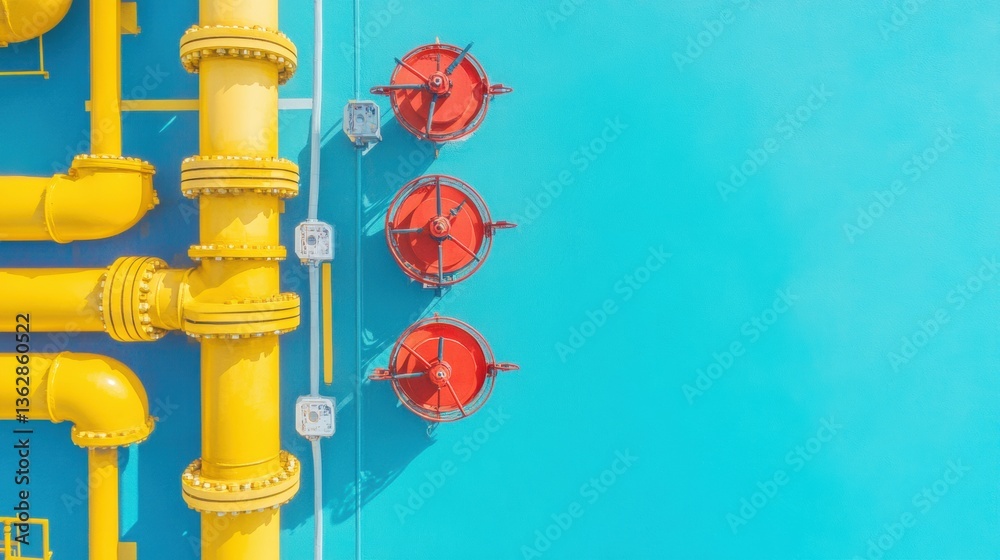 Poster minimalist industrial design vibrant yellow pipelines and red safety valves - next-gen infrastructur