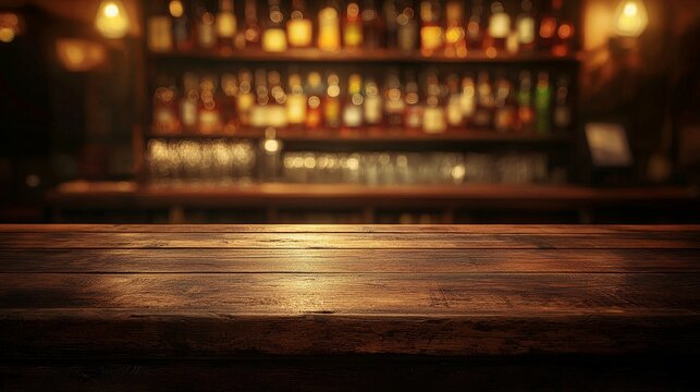 Rustic wooden tabletop in a blurred bar background, perfect for product display