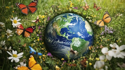Earth Day Vibrant Globe Surrounded by Butterflies and Blooming Flowers