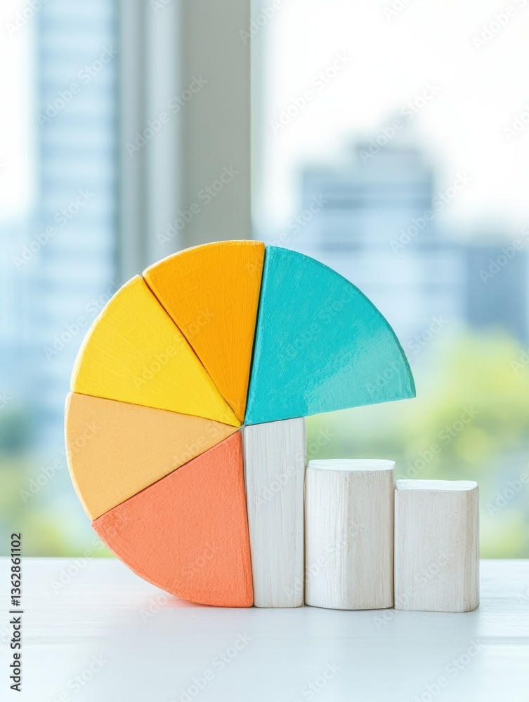 Poster Minimalist Data Visualization Vibrant Pie Chart and Growth Metrics for Next-Gen Business Intelligence, Strategic Performance Analytics in Soft Urban Workspace
