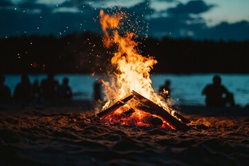 bonfire on the beach at night with light
