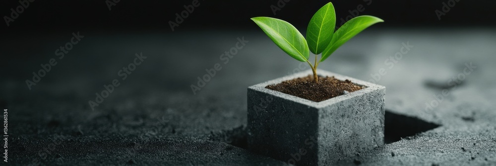 Poster eco-tech regeneration miniature green seedling emerging from minimalist concrete cube - sustainable 