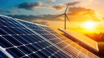 Renewable energy energy grid policy future Solar panels and wind turbine at sunset, symbolizing renewable energy.