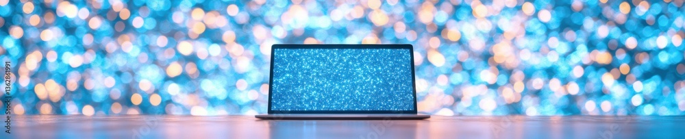 Poster Dynamic Digital Horizons Ultra-Modern Laptop Visualizing Infinite Data Flow in Vibrant Tech-Immersive Workspace with Luminescent Bokeh Backdrop