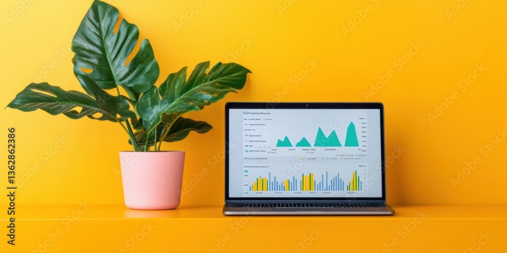 Aufkleber Minimalist FinTech Innovation Vibrant Digital Analytics Dashboard with Monstera Plant - Next-Gen Entrepreneurial Workspace Highlighting Data Visualization and Creative Productivity