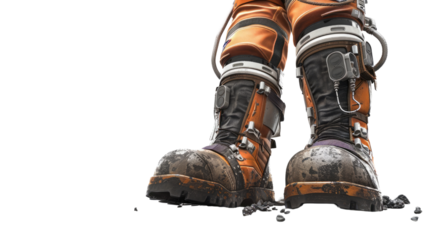Close-up of Astronaut Boots: a close-up of astronaut boots, showcasing the design, detail, and technology of space exploration gear, while it shows the signs of use.