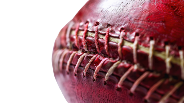Red Baseball Detail: A close-up of a textured baseball revealing intricate red stitching, perfect for sports enthusiasts.