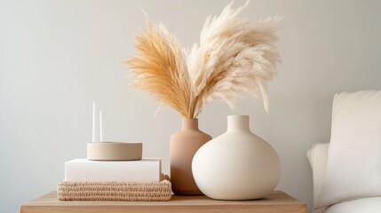 Wabi-Sabi Minimalist Home Decor Soft Pampas Grass and Neutral Ceramic Vases - Serene Interior Styling for Mindful Living Spaces and Contemporary Design Trends
