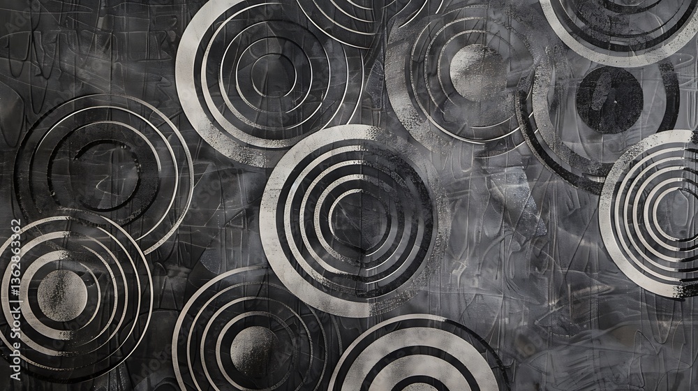 Poster a sophisticated pattern of concentric circles in varying shades of grey and black, creating a sense 