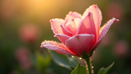 Dew-Kissed Pink Flower: A Captivating Close-Up in Soft Morning Light, Showcasing Nature's Delicate Beauty 