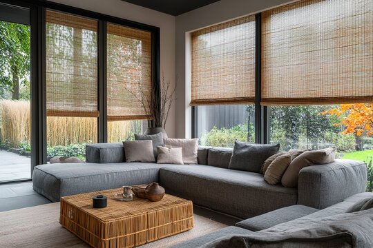 Modern Living Room Interior Gray Sectional Sofa, Rattan Coffee Table, Woven Shades