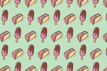 Fun seamless pattern featuring chocolate ice cream bars and ice cream sandwiches on a green background, perfect for packaging and textile designs.