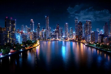 Obraz premium Photorealistic night skyline of a sprawling metropolis with reflections on a river