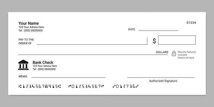 Blank bank check. Editable check template for financial use. Money payment bank check voucher or pay cash cheque certificate. Account bill paycheck.