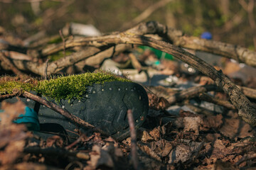 garbage in the forest among fallen leaves. natural landfill. garbage in nature. clean planet.
