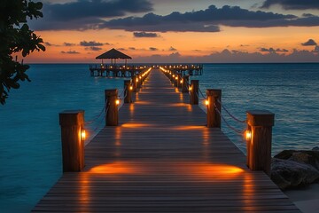 Fototapeta premium Serene Ocean Pier at Sunset with Lanterns & Hut, Tranquil Waterscape & Twilight Sky