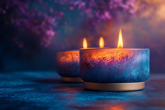 Two burning candles in decorative holders with a colorful background