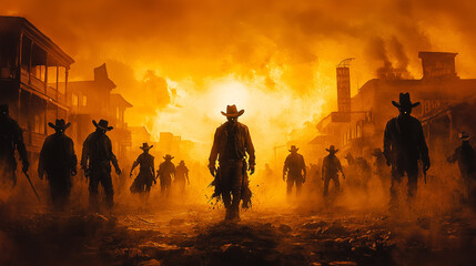 Fototapeta premium A zombie apocalypse in a wild west town. The undead are dressed in dusty cowboy hats and old western gear, with torn clothes and empty eyes. 