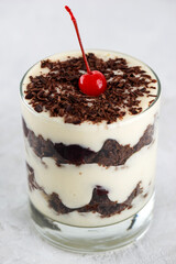 Brownie cake trifle, Black forest, Schwarzwald dessert with chocolate biscuit , whipped cream and cherries in a glass, closeup. Vegan dessert. Vertical orientation.