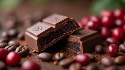 Delicious filled chocolate bar pieces with coffee beans and red cherries on brown background.