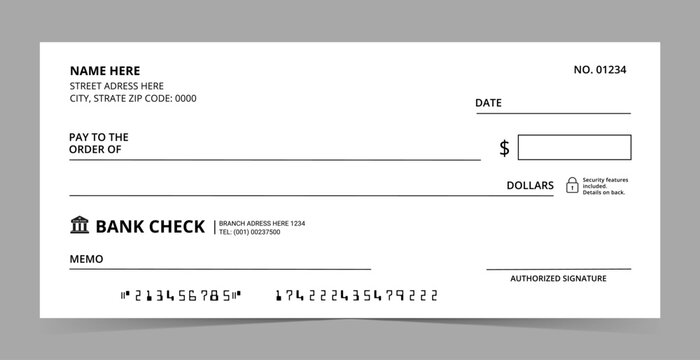 Blank bank cheque. Professional bank check layout for payment. Business or personal account cash pay cheque certificate or pay check coupon from check book