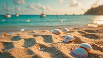 Waves lap against sandy beach scattered with seashells during golden hour at a tranquil coastal location