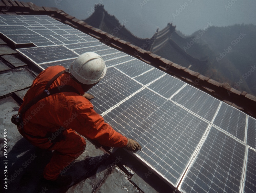 Poster climate action in motion skilled technician installing high-performance solar panels on historic arc