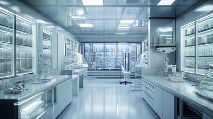 Cutting-edge laboratory experimentation modern research facility digital content clean environment wide angle innovation