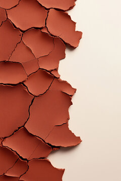 Cracked terracotta surface revealing a smooth beige background in artistic arrangement