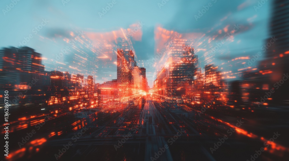 Poster cyberpunk urban dystopia neon-infused metropolis explosion with hyper-realistic digital blur - futur