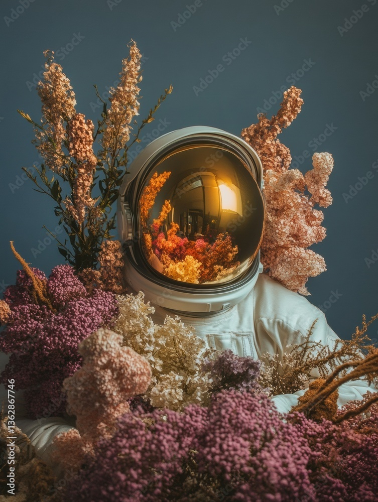 Poster ethereal bloom horizons astronaut dreamscape in soft botanical surrealism - innovative visual storyt