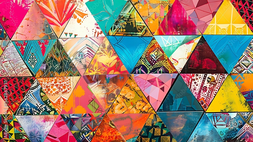 Poster a vibrant background with an array of colorful triangles, each filled with different patterns and te