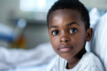Naklejka premium Brave Child in Hospital Room Battling Illness with Hope and Strength in Soft Natural Light Generative AI