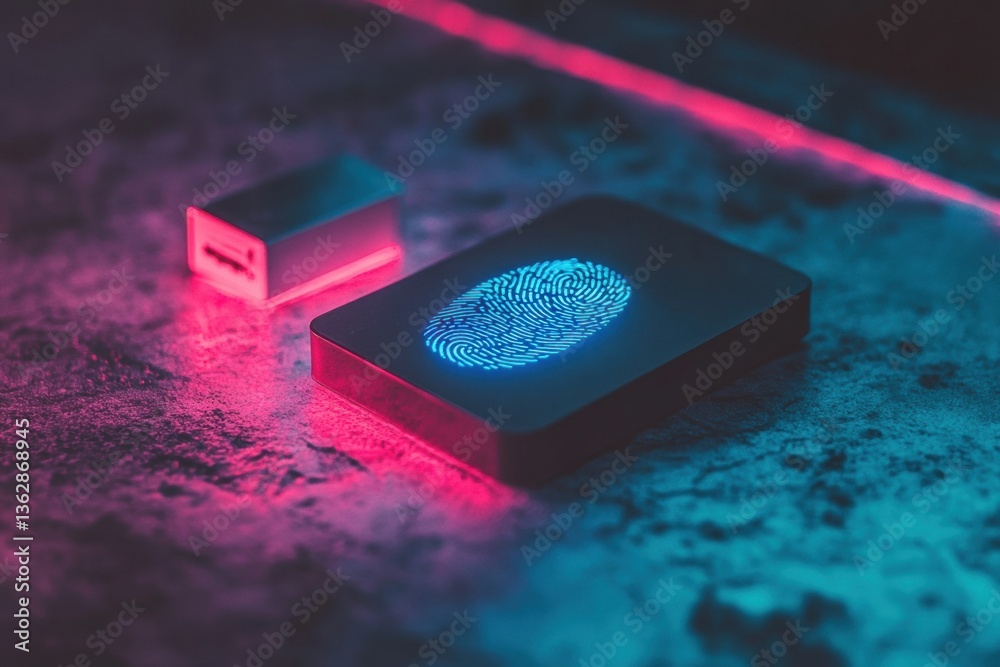 Poster Next-Gen Cybersecurity Visualization High-Performance Biometric Authentication Device with Luminescent Fingerprint Interface - Cutting-Edge Digital Protection Technology